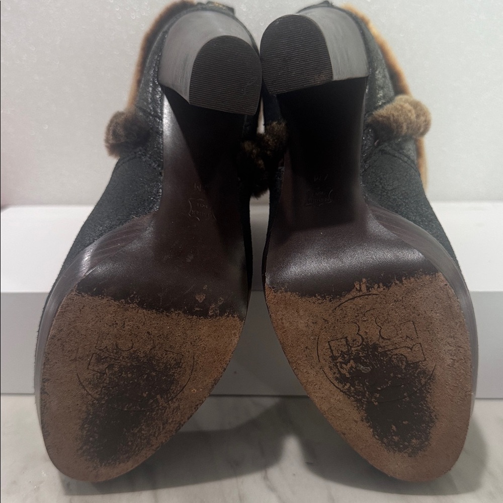 Beautiful Tory Burch Black and Brown Fur-Trimmed Heeled Boots size 7 - Picture 10 of 11